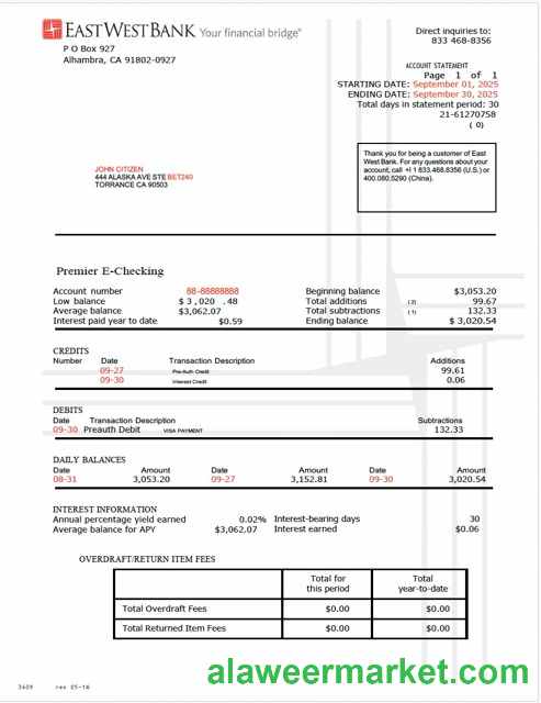 USA East West Bank account statement Word and PDF template
